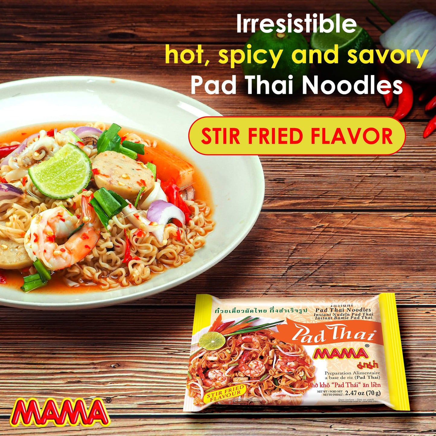 Mama Noodles Pad Thai Instant Spicy Noodles W/Delicious Thai Flavors, Hot & Spicy Noodles W/Pad Thai Soup Base, No Trans Fat W/F