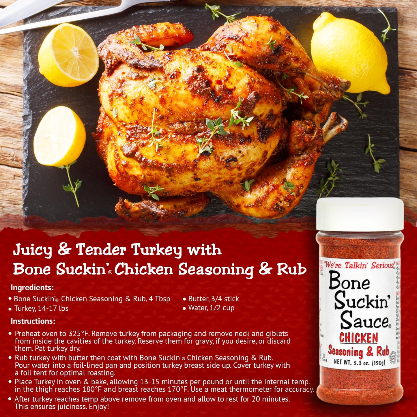 Bone Suckin Sauce Chicken Seasoning & Rub With Garlic & Sage, Perfect For Chicken, Turkey, Other Poultry, Fish - Brown Sugar, Garlic, Onion, Spices - Non-Gmo, Gluten-Free