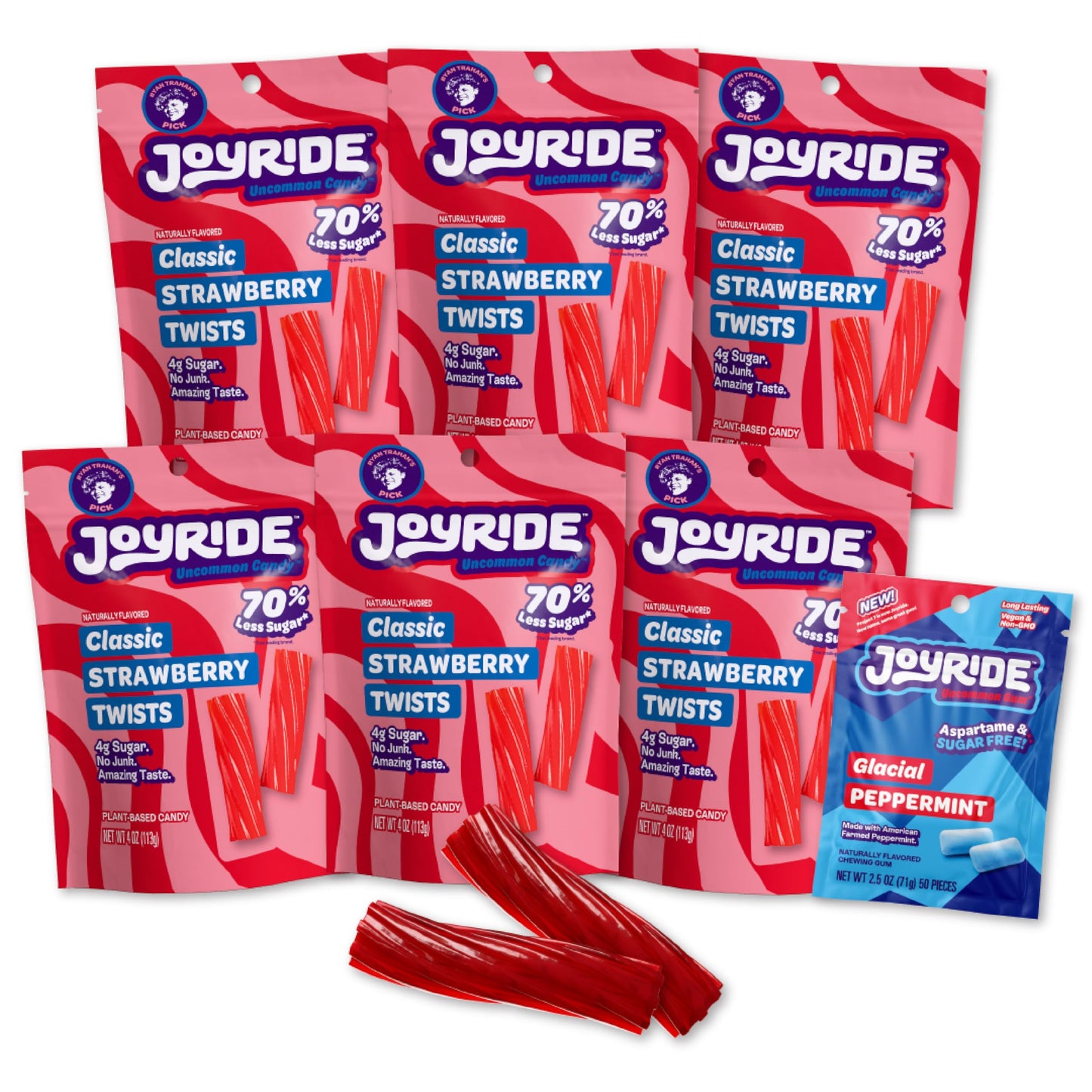 JOYRIDE Classic Strawberry Twists - 4oz 6-Pack Bundle with 2.5oz Glacial Peppermint Gum, Low Sugar Strawberry Flavor, Low Calori