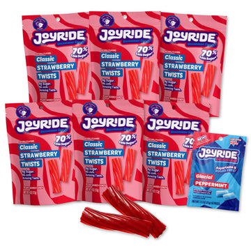 JOYRIDE Classic Strawberry Twists - 4oz 6-Pack Bundle with 2.5oz Glacial Peppermint Gum, Low Sugar Strawberry Flavor, Low Calori