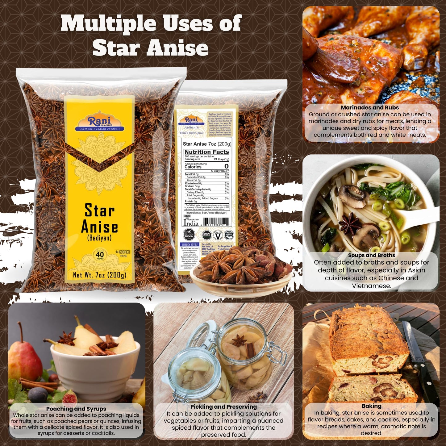 Rani Star Anise Seeds, Whole Pods (Badian Khatai) Spice 7Oz (200G) ~ All Natural | Gluten Friendly | Non-Gmo | Kosher | Vegan |
