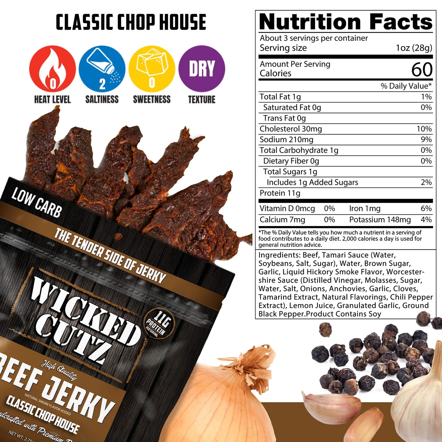 Wicked Cutz Classic Chop House Beef Jerky, Premium Low Carb Snack, 33g Protein, 2.75 oz (Pack of 2)
