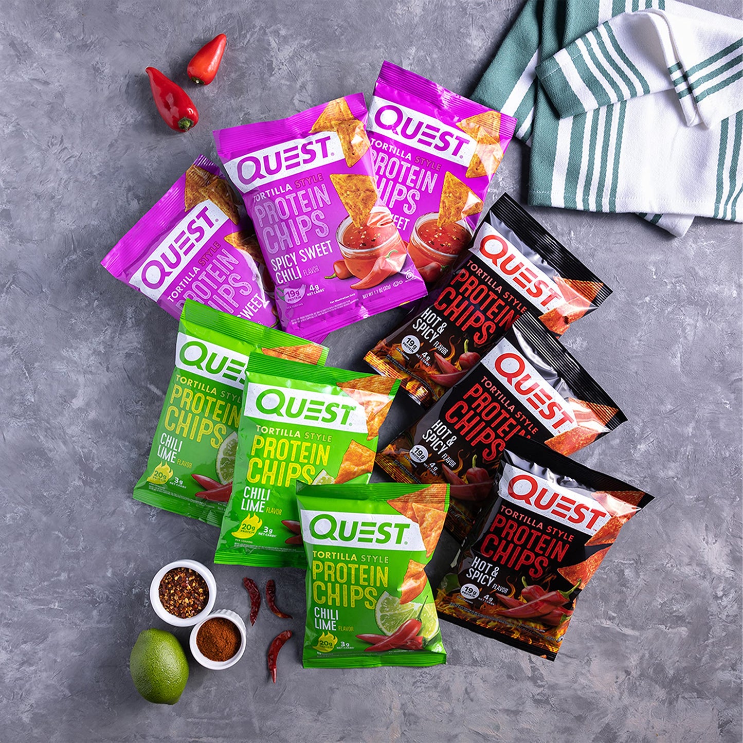Quest Nutrition Tortilla Style Protein Chips, Spicy Variety Pack, Chili Lime, Hot & Spicy, & Spicy Sweet Chili, 12 Count (3 Each