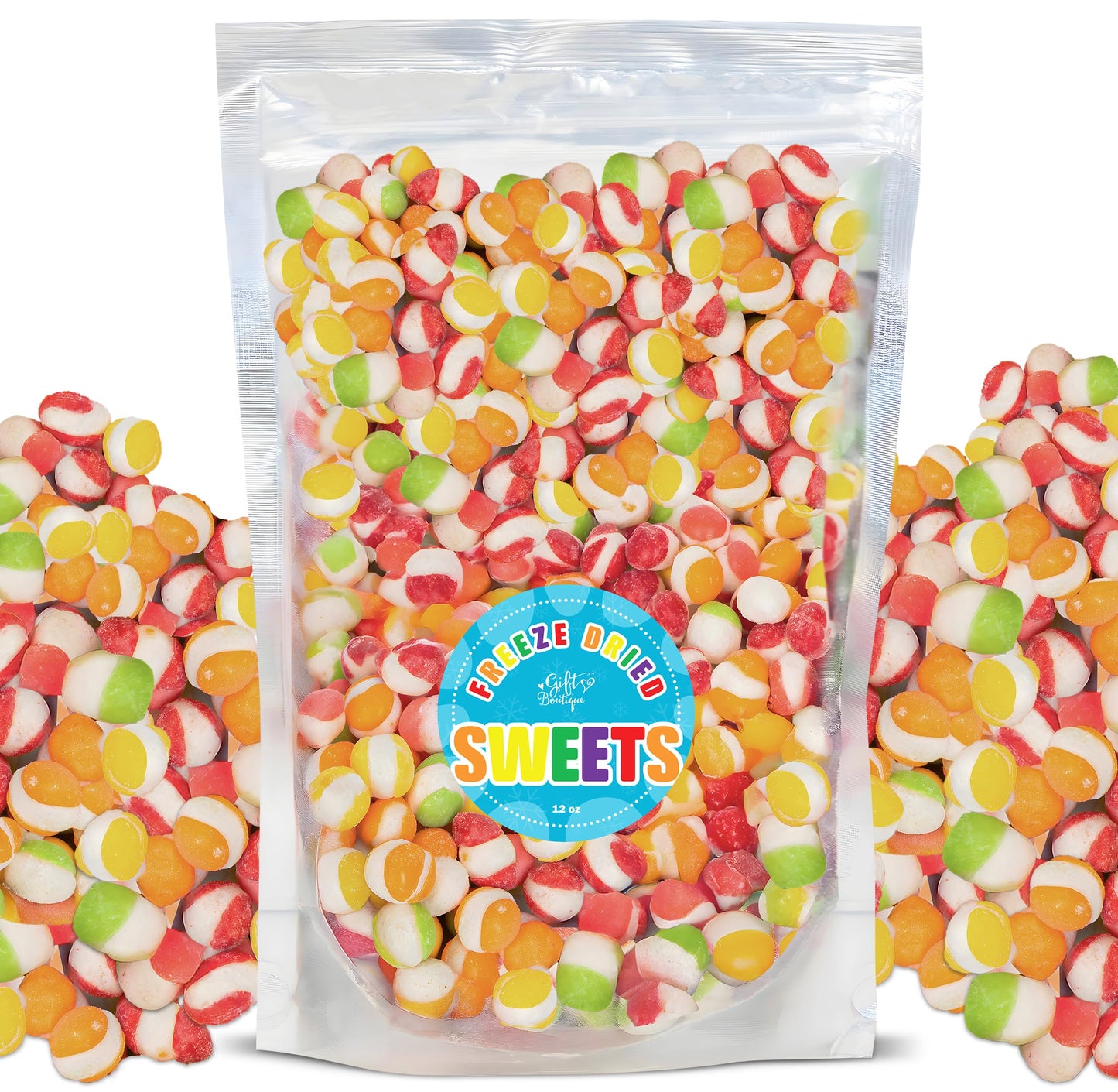 Freeze Dried Candy Gourmet Crunch Candies 12oz Bag Pouch Assorted Cherry Strawberry Lemon Lime Orange Original Rainbow Fruity Fl