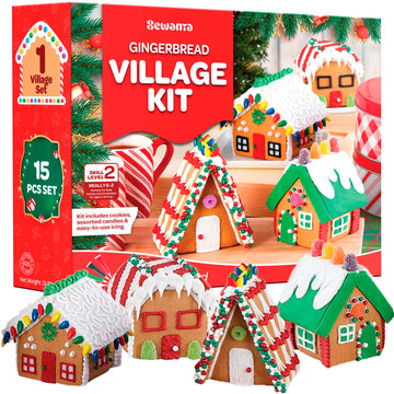 Gingerbread House kit [Set of 4] Mini Village Gingerbread Decorating House Kit Fun Holiday Activity for Kids, Ease Crafted Groov