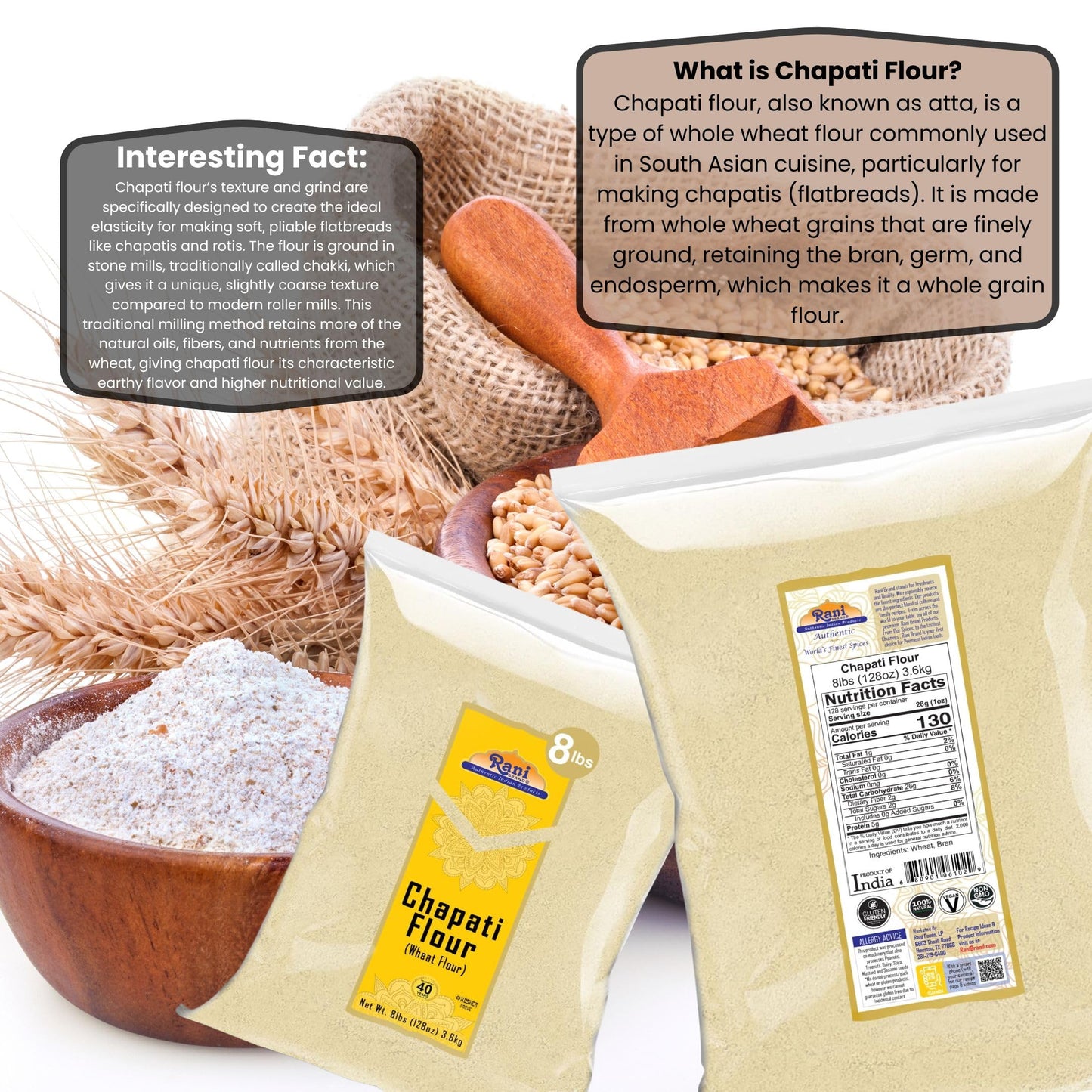 Rani Chapati Flour (100% Pure Whole Wheat Atta), For Making Roti & Indian Breads 128Oz (8Lbs) 3.63Kg Bulk ~ All Natural | Vegan