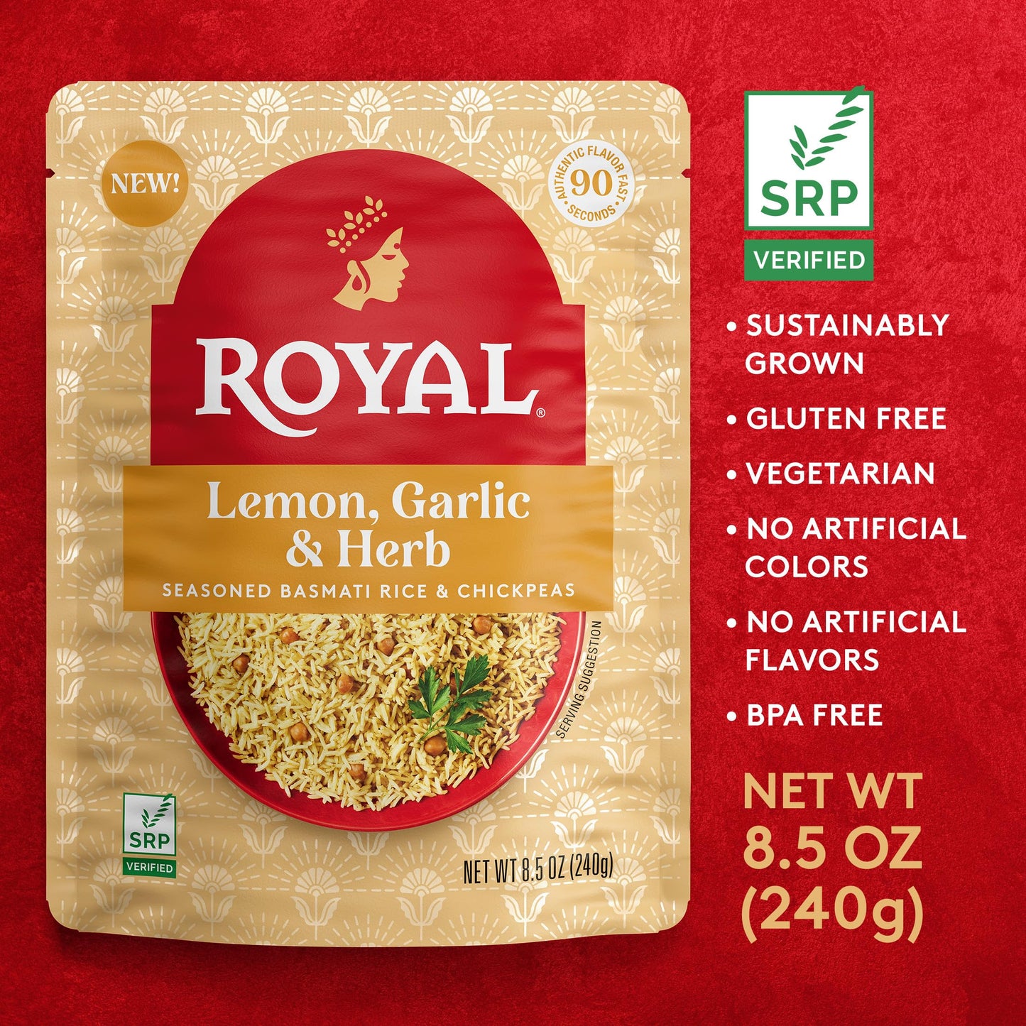 Royal Lemon, Garlic, And Herb Basmati White Rice And Chickpeas - Ready To Heat Basmati Rice - (6 Pack) 8.5 Oz Microwaveable Pouc