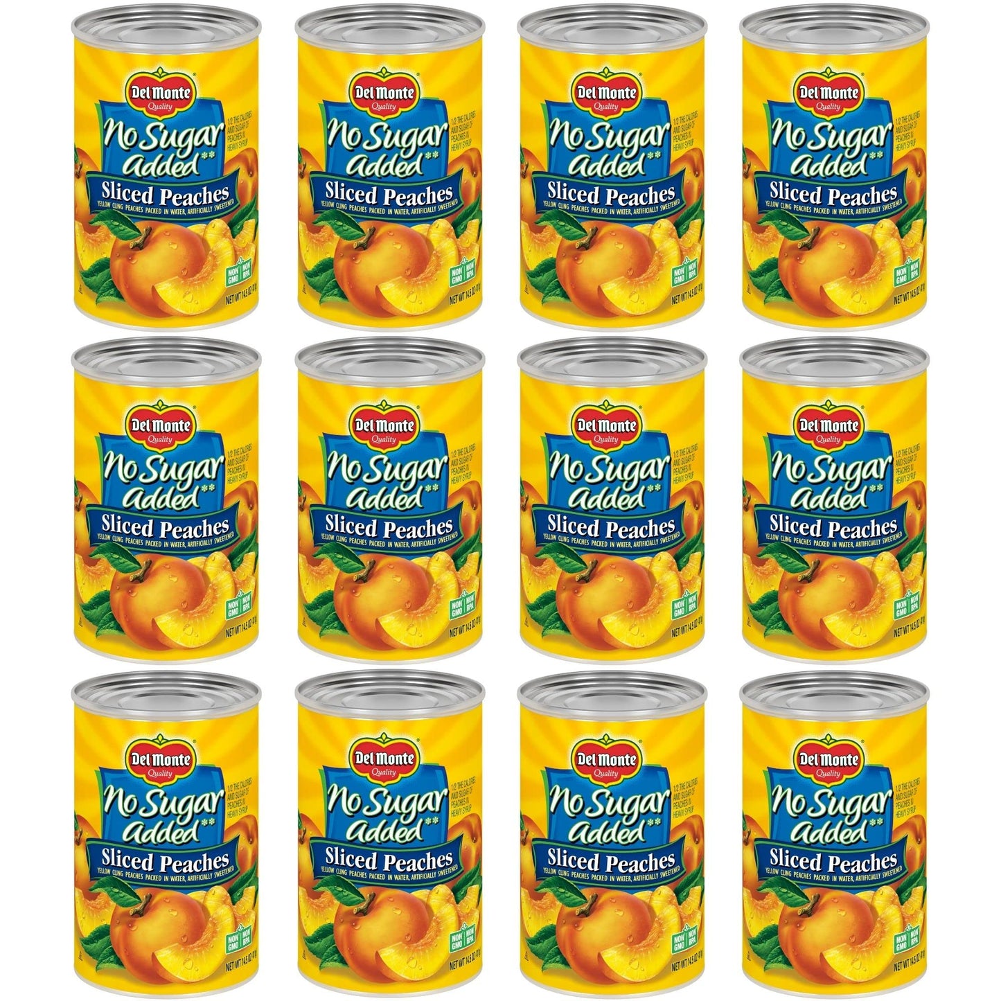 Del Monte Canned Peaches, No Sugar Added, Yellow Cling, 14.5 oz Can, Pack of 12