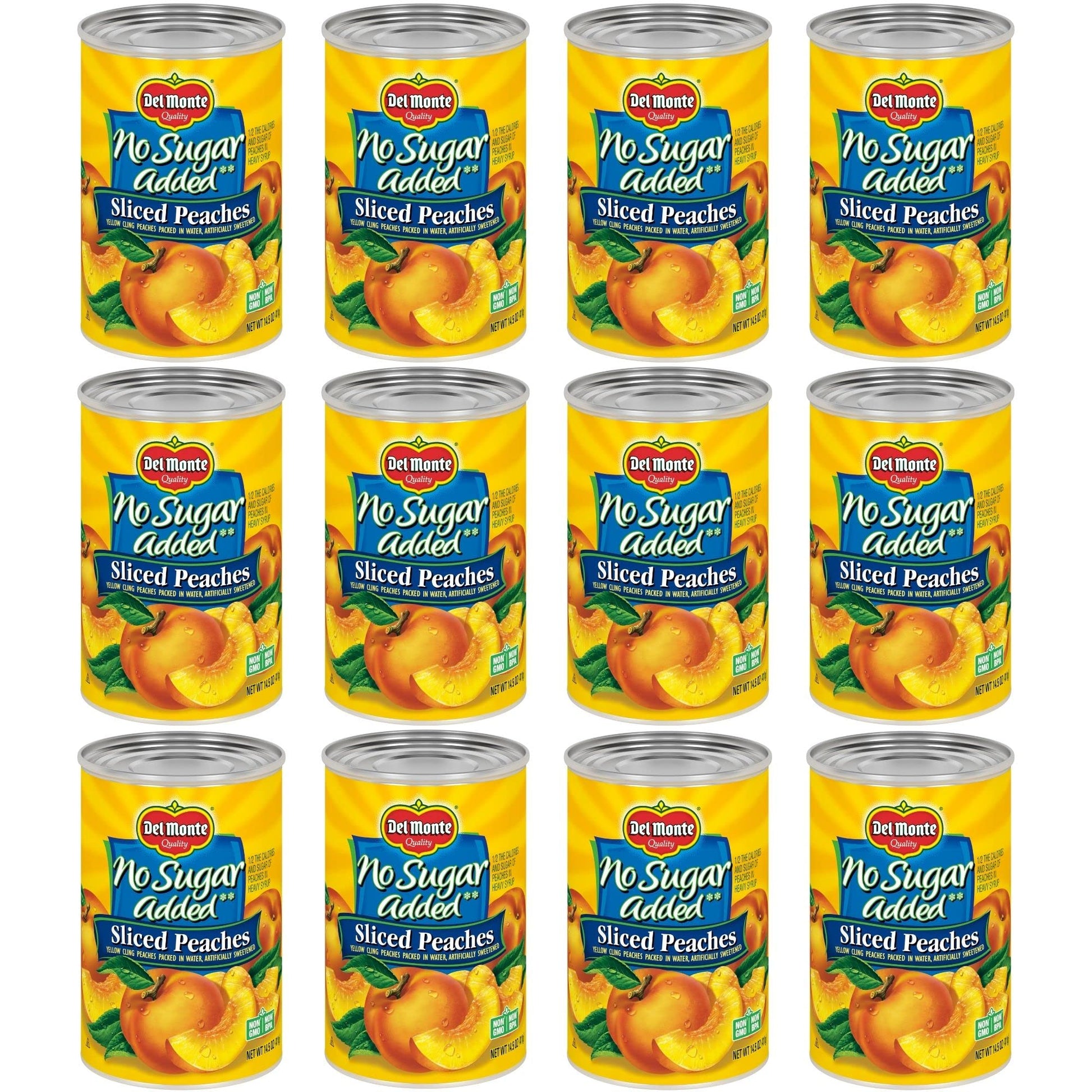 Del Monte Canned Peaches, No Sugar Added, Yellow Cling, 14.5 oz Can, Pack of 12