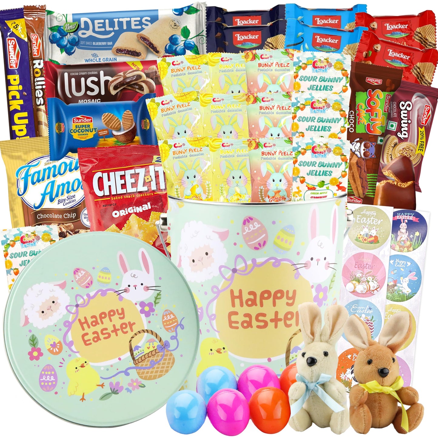 Easter Snack Green Tin (46 Count) Filled with Candy, Peelable Gummies, Bunny and More, Great Package for Family, Friends, Boys a