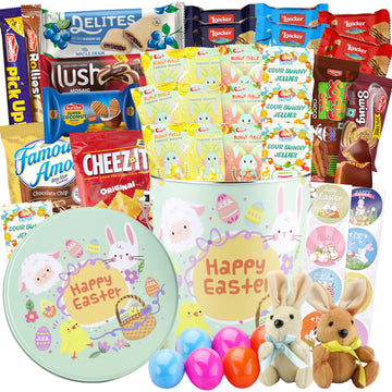 Easter Snack Green Tin (46 Count) Filled with Candy, Peelable Gummies, Bunny and More, Great Package for Family, Friends, Boys a