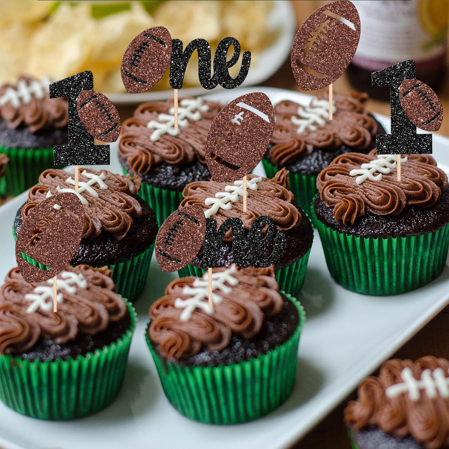 ZHUOWEISM 24 PCS Rugby Cupcake Toppers Glitter American Football Decorations for 1st Birthday Party - Design 9, Paper