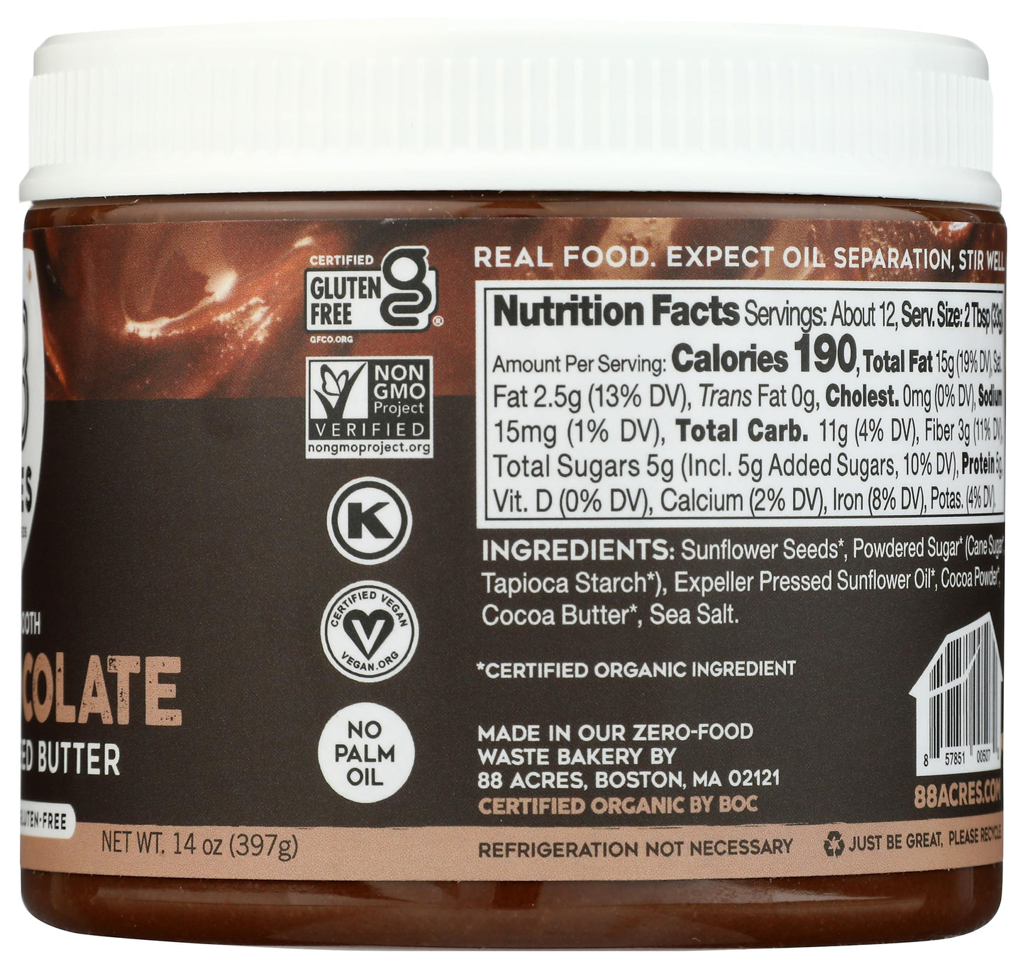 88 Acres, Dark Chocolate Sunflower Seed Butter Jar, 14 Ounce