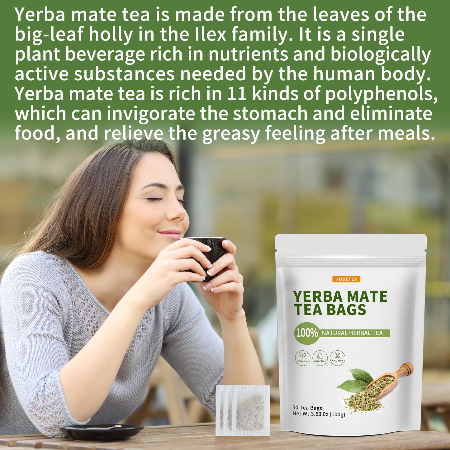 Hudetex Yerba Mate Tea Bags - 50 Count - Supports Cardiovascular & Digestive Systems