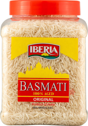 Iberia Basmati Rice Jar, 2 Pounds, Extra Long Grain, Naturally Aged Indian White Basmati Rice, Natural Basmati Rice in Food Grad