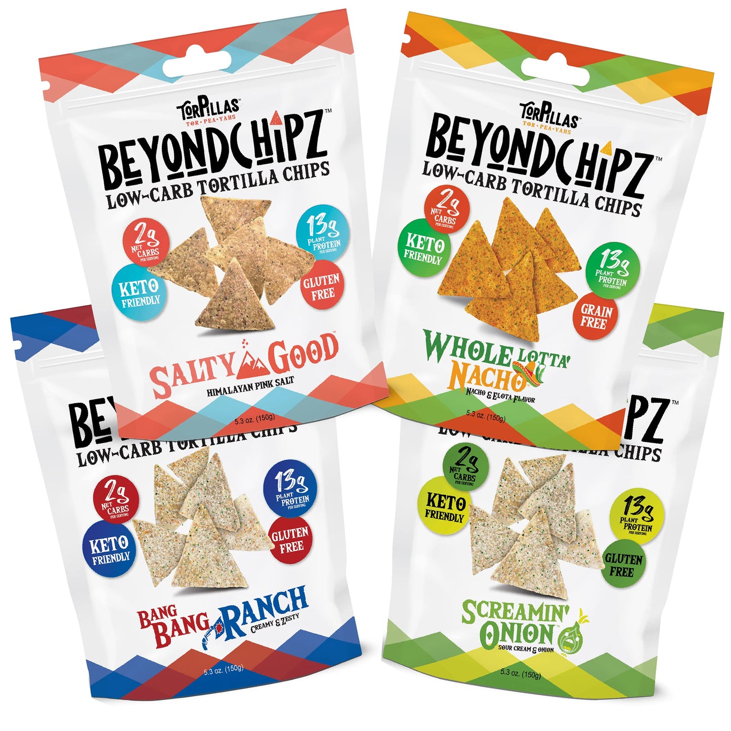 Beyondchipz Low Carb Tortilla Chips, Ultimate Sampler Pack, Keto Friendly, Gluten Free, 5.3Oz Bag, Pack Of 4