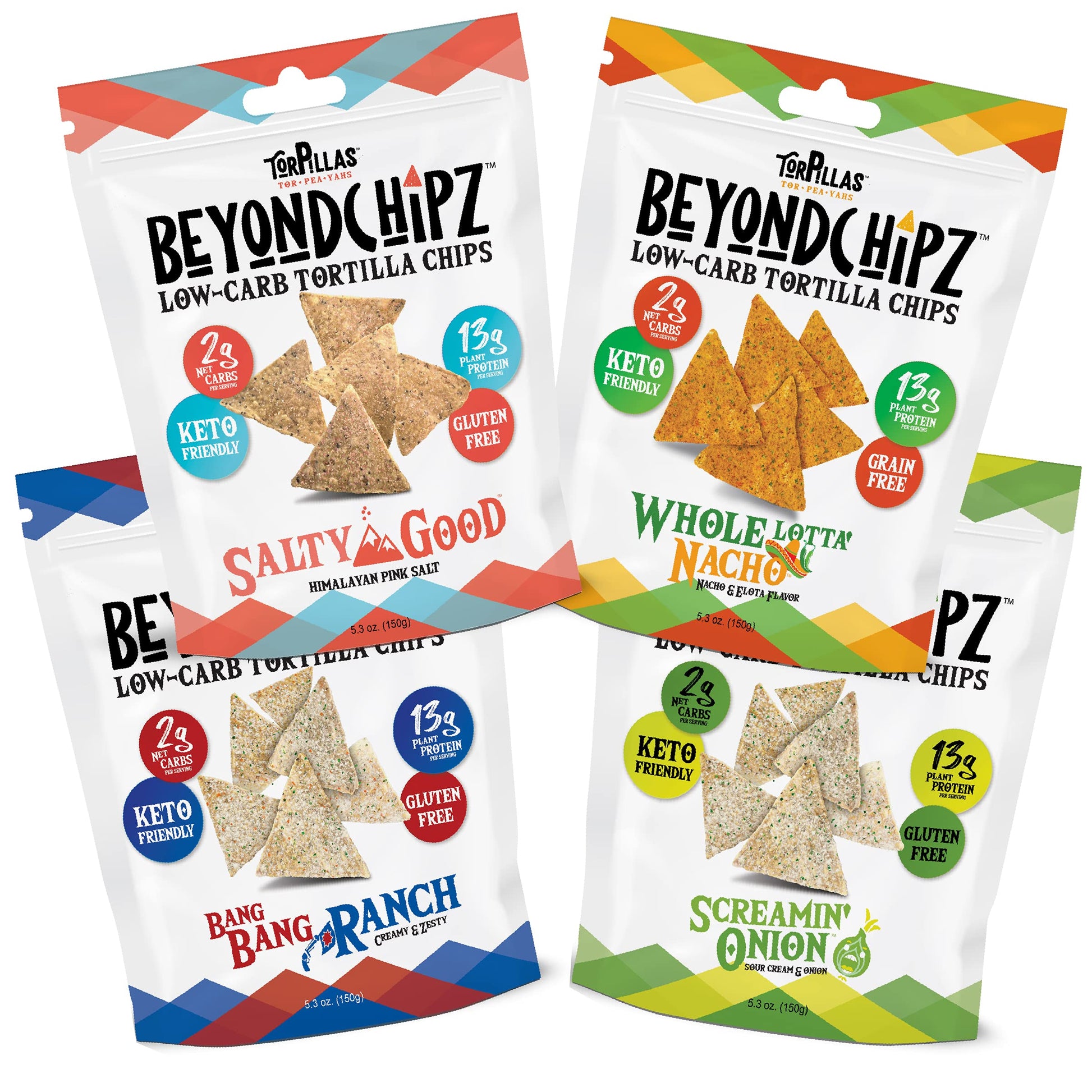 Beyondchipz Low Carb Tortilla Chips, Ultimate Sampler Pack, Keto Friendly, Gluten Free, 5.3Oz Bag, Pack Of 4