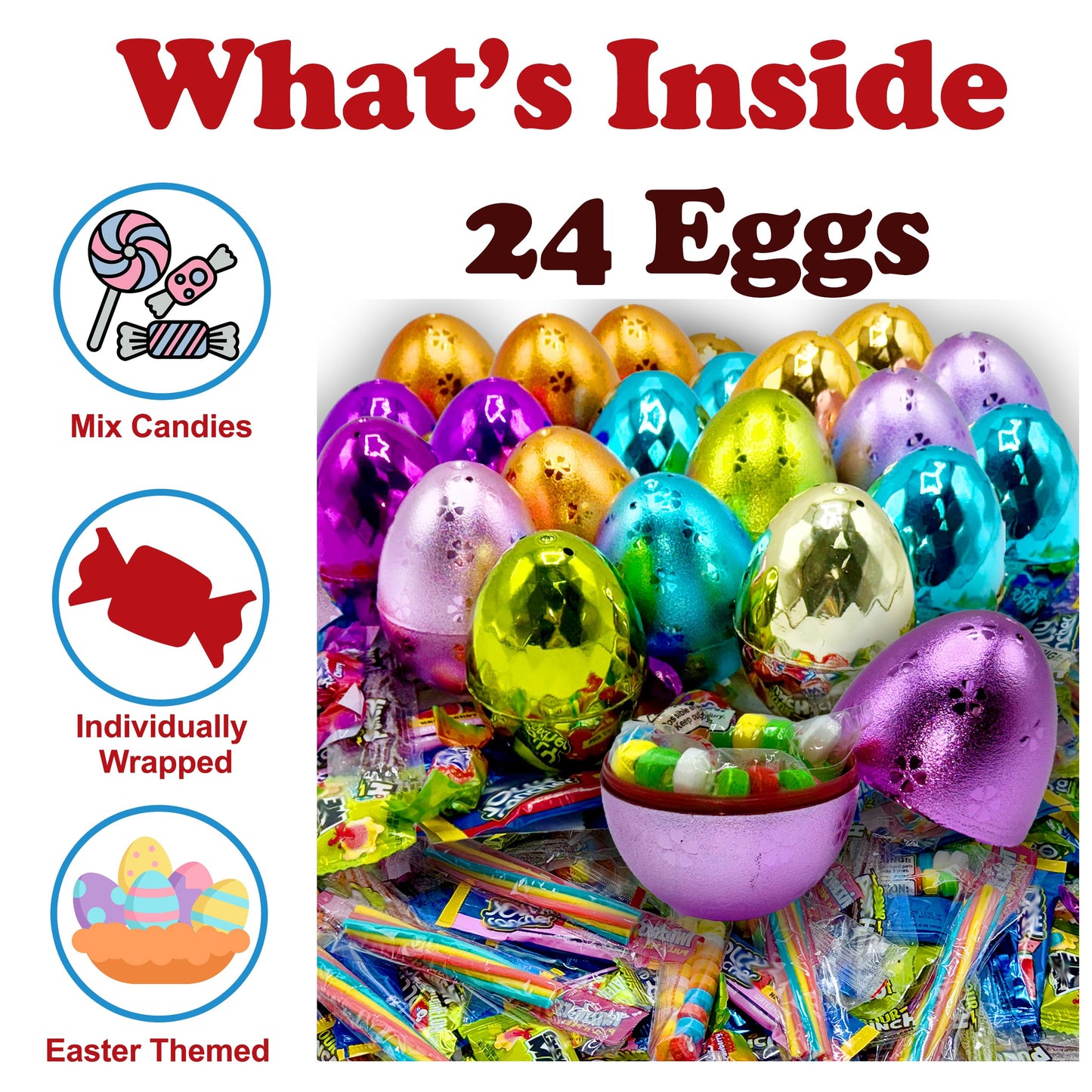 Easter Candy With Fillable Metallic Eggs, Bulk 24 Large Metallic Plastic Fillable Easter Eggs In Assorted Colors, With Mix Of In