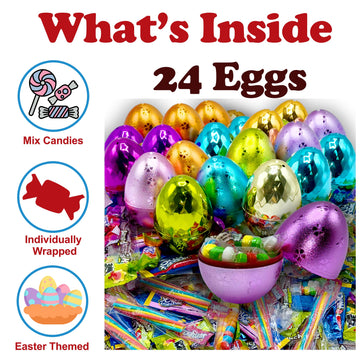 Easter Candy With Fillable Metallic Eggs, Bulk 24 Large Metallic Plastic Fillable Easter Eggs In Assorted Colors, With Mix Of In