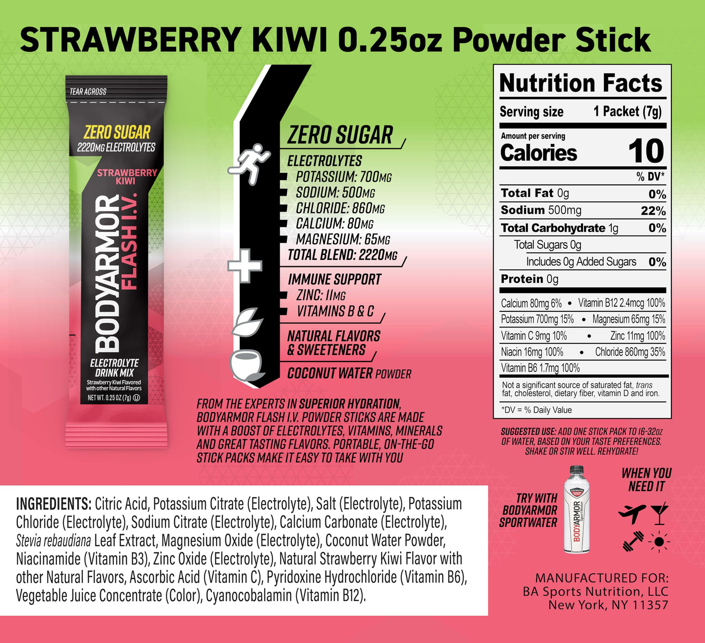 BODYprotective covering Flash IV Electrolyte Packets, Strawberry Kiwi Drink Mix, Zero Sugar, 15 Servings, Red