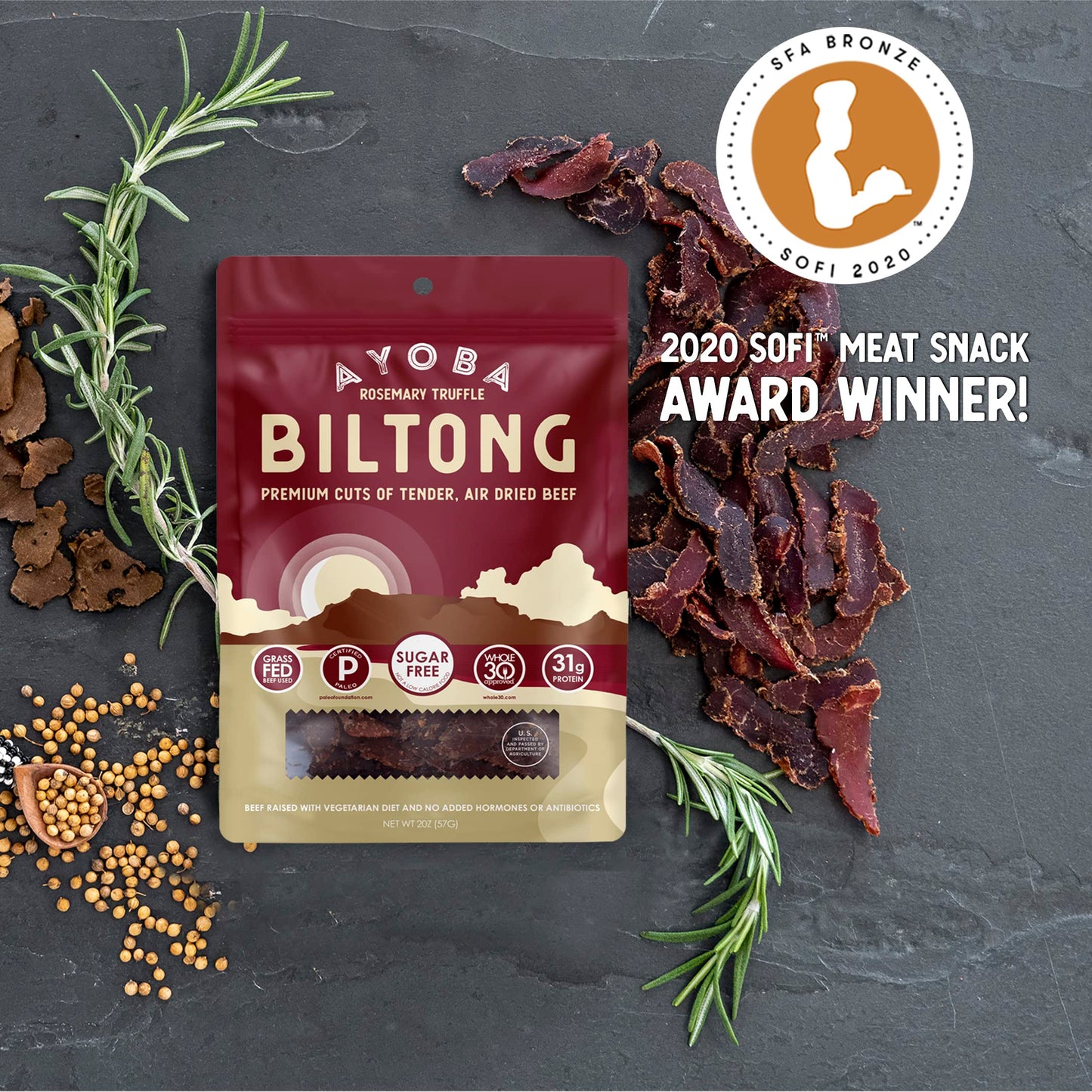 Ayoba Traditional Grass Fed Beef Biltong Slices Variety Pack (2 Ounce, Pack Of 3) Keto Friendly Air-Dried Grass Fed Paleo Snacks