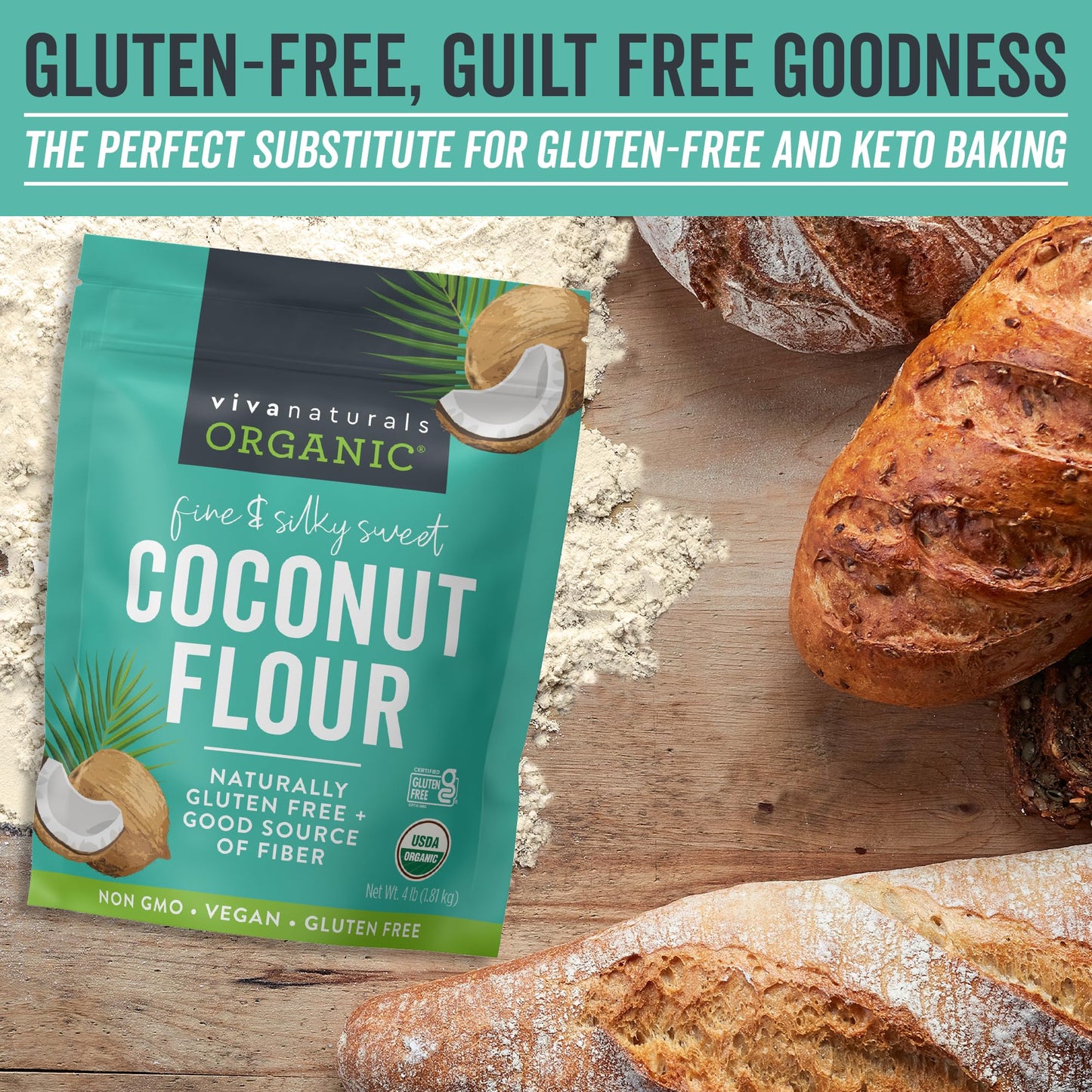 Viva Naturals Organic Coconut Flour, Gluten Free, 64 Ounce, Non-GMO, Low Fat, Ideal for Keto, Paleo & Vegan Baking