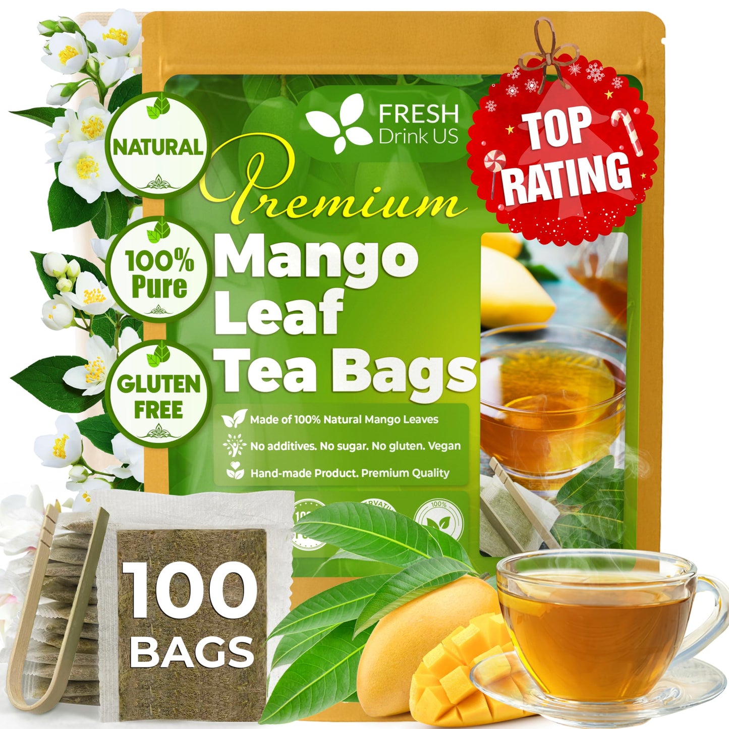 Freshdrinkus, Enhanced 100 Mango Leaf Tea Bags, 100% Natural & Pure From Mango Leaves. Loose Leaf Herbal Tea. No Sugar, No Caffeine, No Gluten, Vegan.