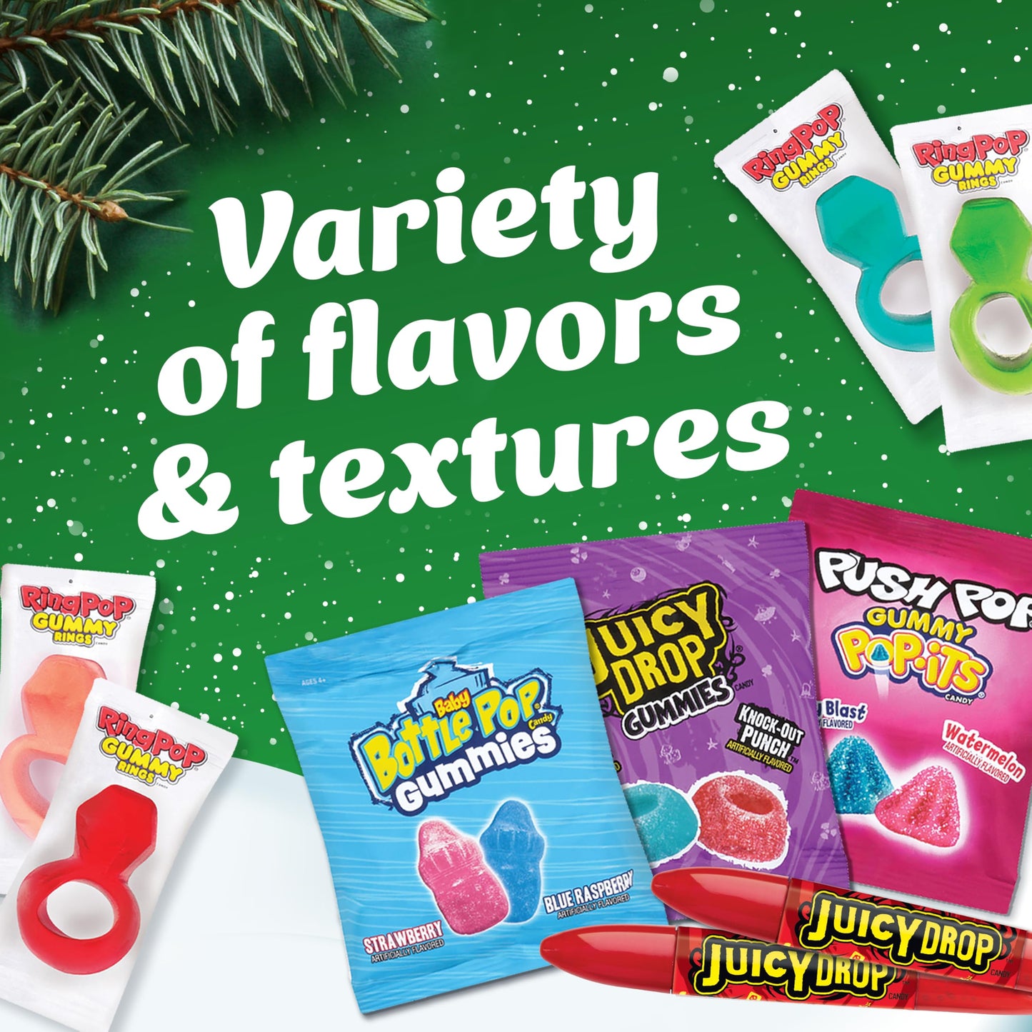 Bazooka Brands Christmas Gummy Candy Variety Pack, 52 Ct Chewy Gummy Candy Individually Wrapped in Fruity Flavors For Birthday P