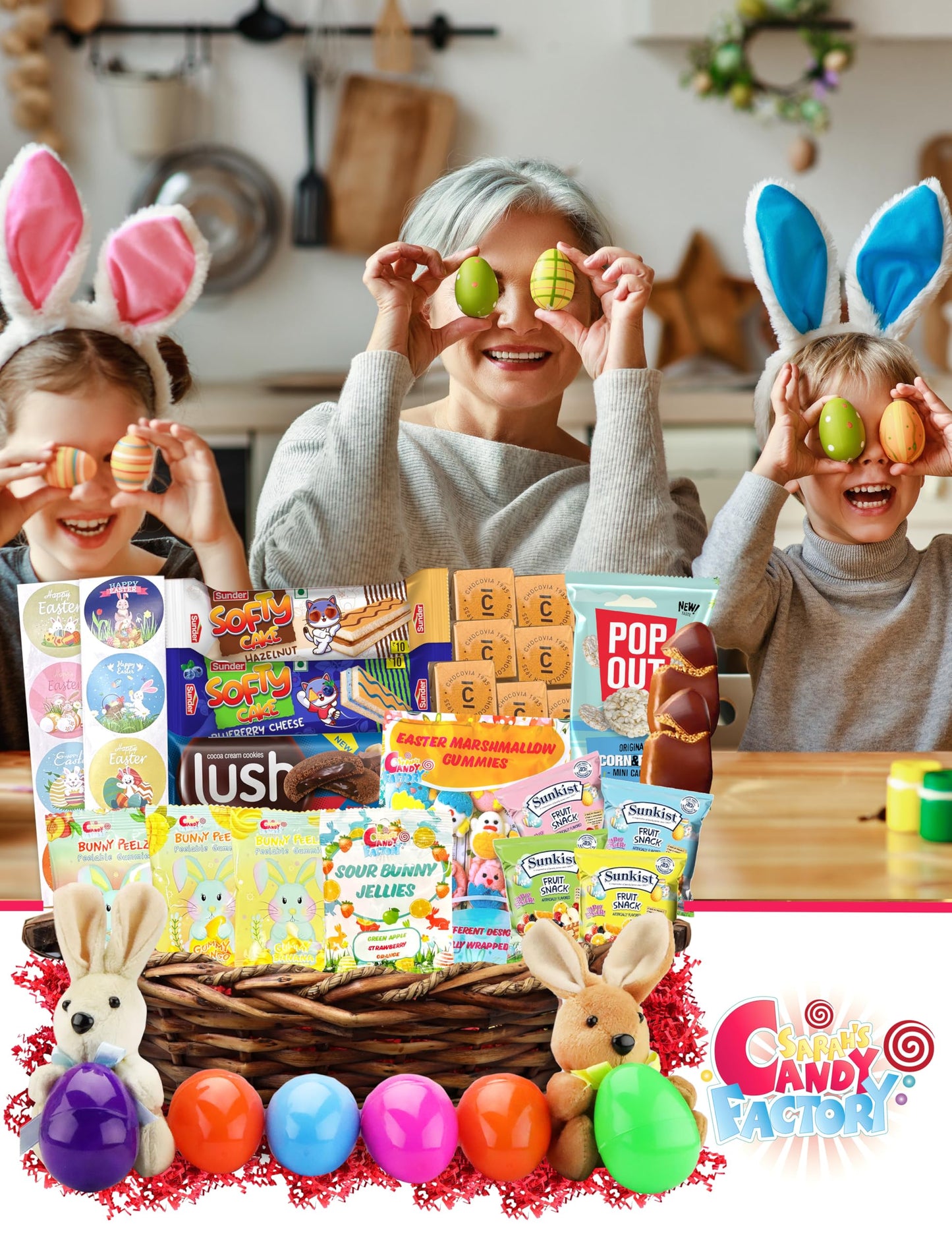 Easter Snack Brown Basket (50 Count) Filled With Treats, Candy, Peelable Gummies, Marshmallow Gummies, Bunny And More, Great Pac