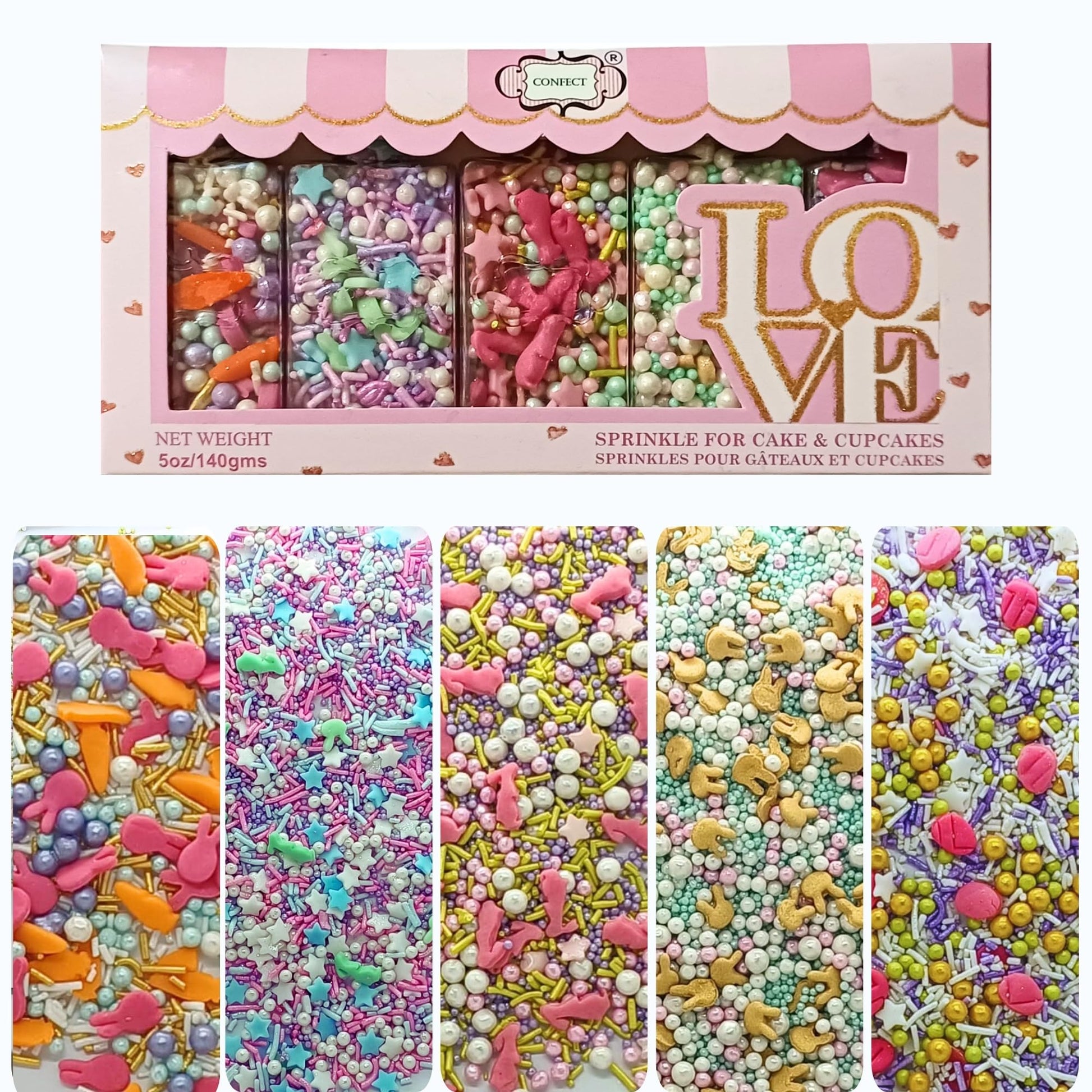 Confect Spring Sprinkles - 5-Pack | White, Pink & Sky Blue Star and Pearl Edible Sprinkles | Cake, Cupcake & Baking Decorations 