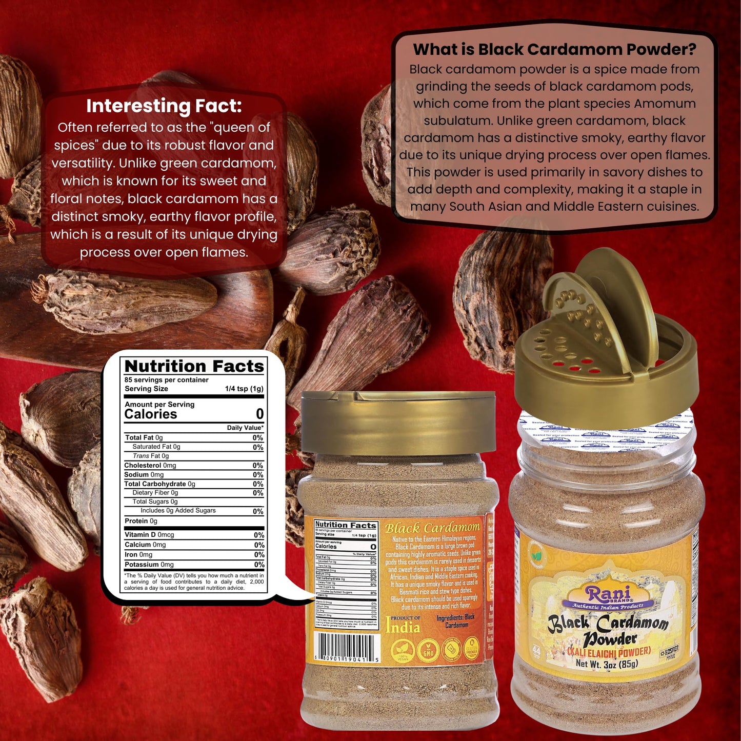 Rani Black Cardamom Powder, All Natural, Vegan, Gluten Friendly, 3oz (85g) PET Jar, Indian Spice