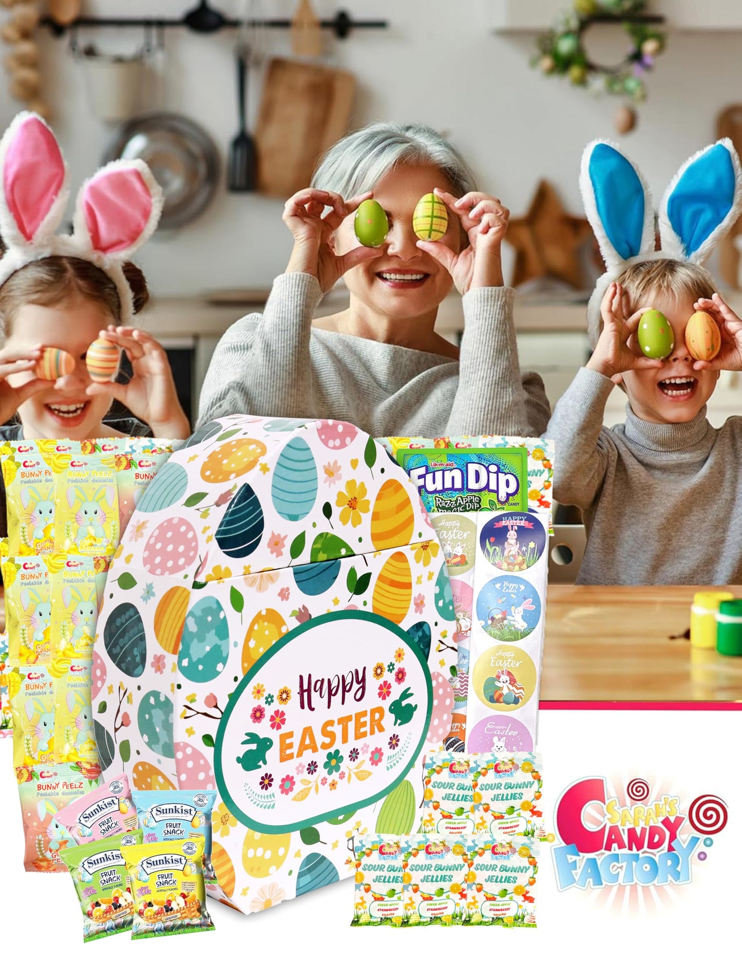 Easter Snack Egg Shape Box (28 Count) Filled With Candy, Peelable Gummies, Treats And Bunny, Great Package For Family, Friends,