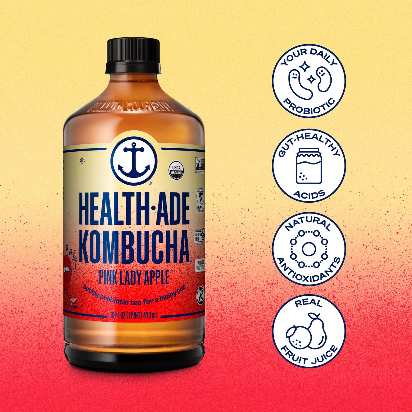 Health-Ade Kombucha Tea, Organic Fermented Drink, Probiotics, 12 Pack of 16 Fl Oz Bottles, Pink Lady Apple, Non-GMO, Vegan, Gluten Free