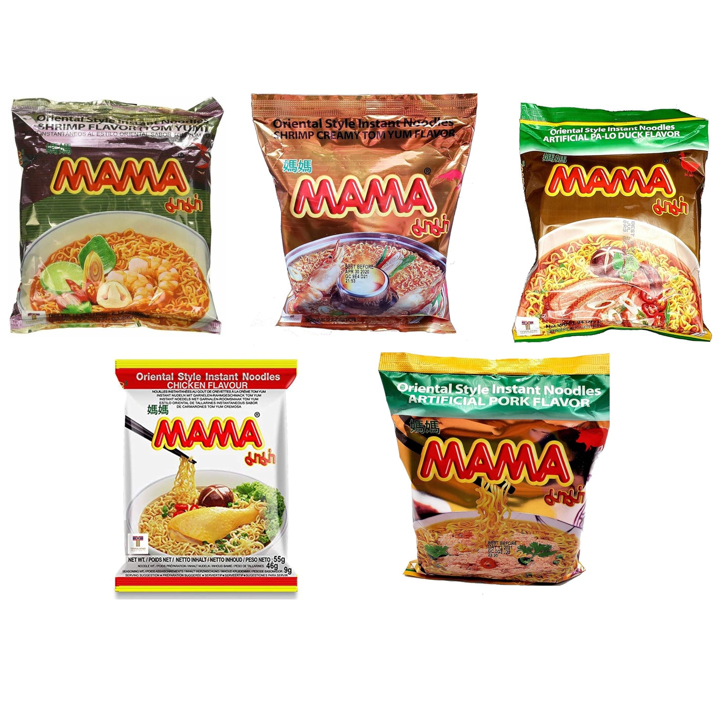 Mama Oriental Style Instant Noodles Mix Flavor Bundle Package Total 30 Packs (10 Flavor Mix, Shrimp Tom Yum Flavor, Shrimp Cream