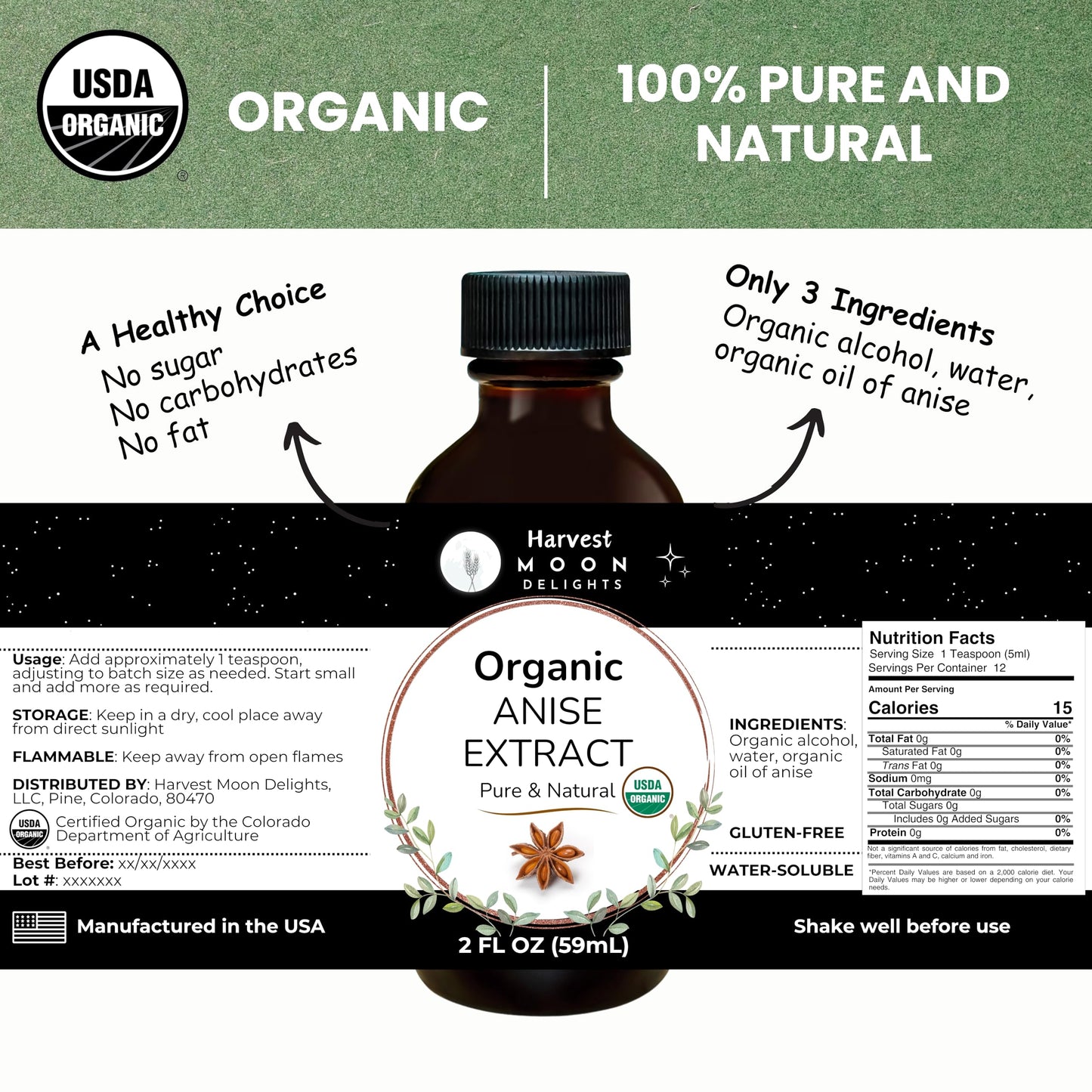 Organic Anise Extract For Baking, Ice Cream, Drinks, And Candy - 2 Oz - Water-Soluble - By Harvest Moon Delights - Pure Anise Ex