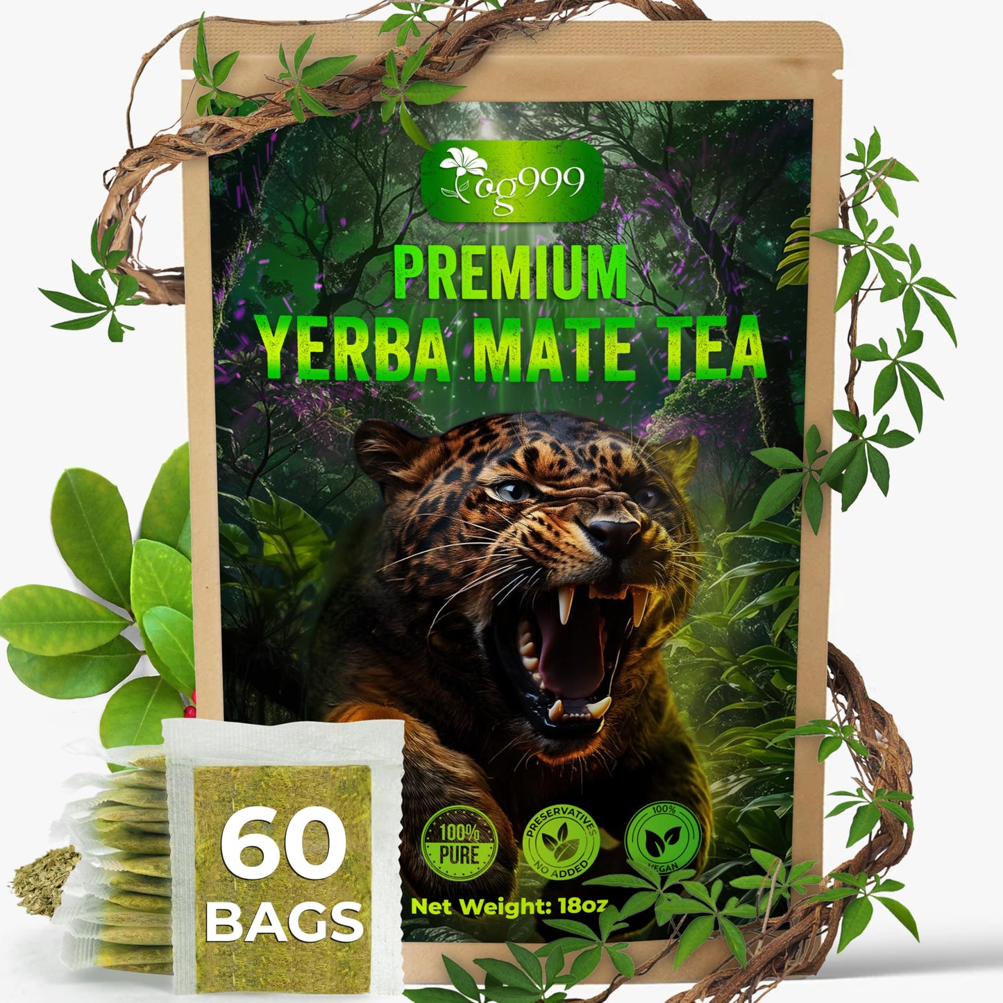 TOG999 Yerba Mate Tea Bags, Hi-Caffeine, Unsmoked, 60 Bags, Rich in Antioxidants, Fresh from Argentina