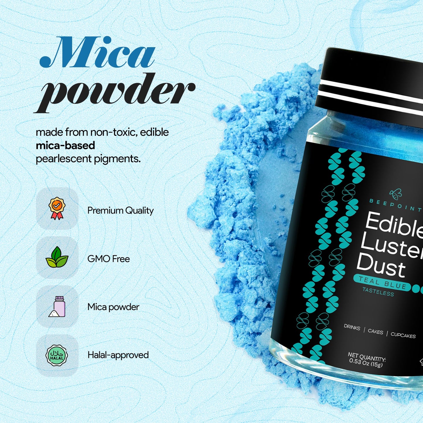 BeePoint Edible Glitter Luster Dust - Food Grade Shimmer Powder, 15g, Teal Blue, Vegan & Gluten Free for Baking, Cocktails, and Cake Decorating