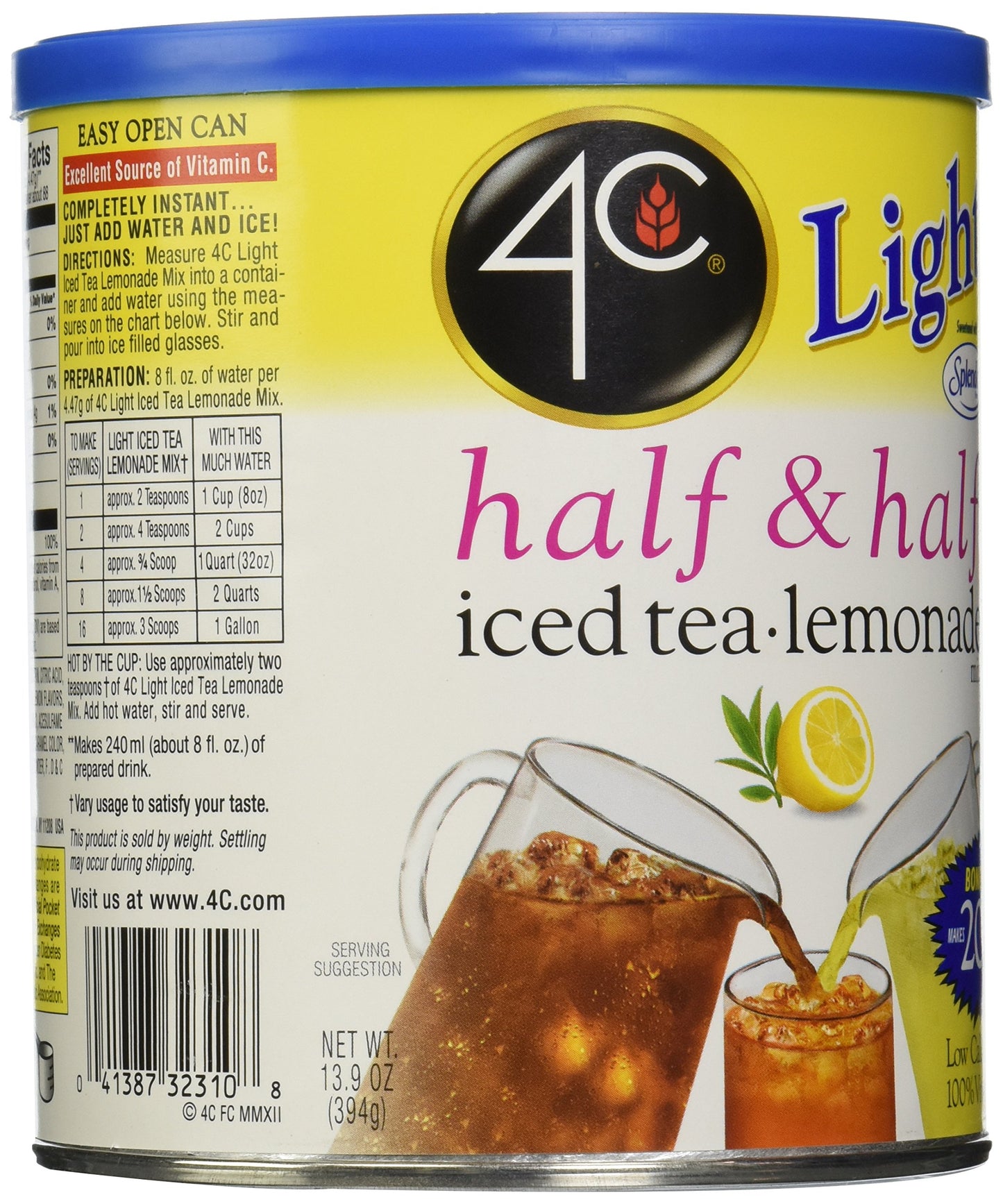 4C Zero Sugar Powdered Drink Mix, Half & Half, 22 Quarts, Family Sized Cannister, 13.9 Ounce, Low Calorie