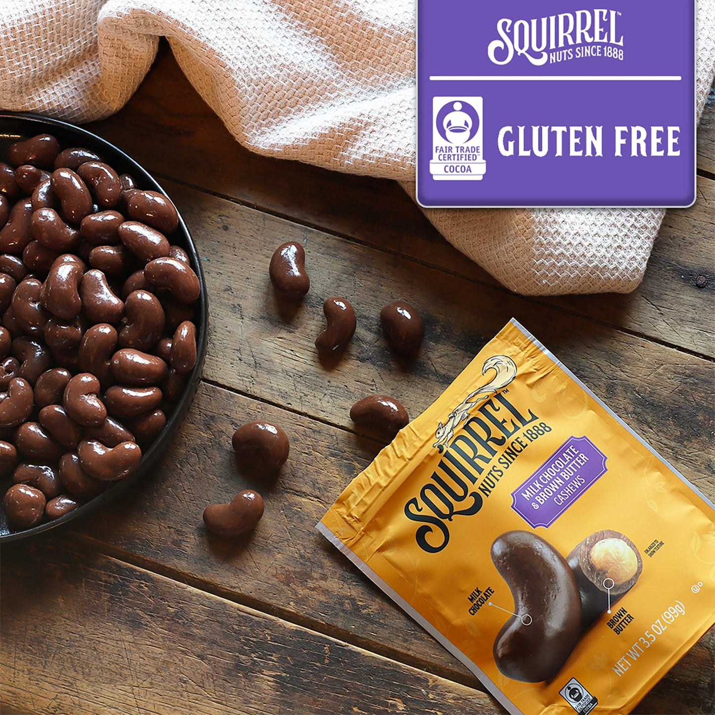 Squirrel Brand Milk Chocolate & Brown Butter Cashews  3.5 Ounces  Resealable Bag  Gluten Free  Snacks for mature-themeds and Kids  Fair Trade Certified Cocoa