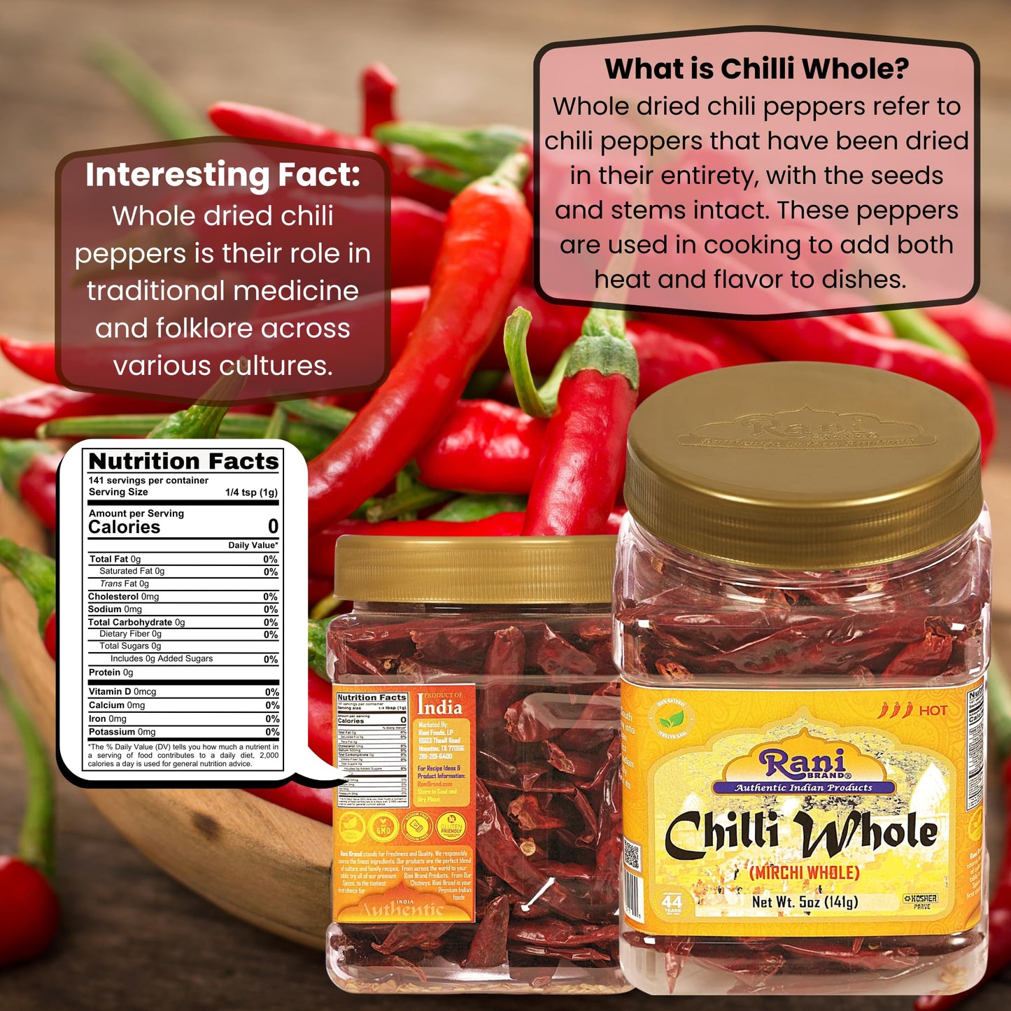 Rani Chilli Whole 5Oz (141G) Pet Jar ~ All Natural, Salt-Free | Vegan | No Colors | Gluten Friendly | Non-Gmo | Kosher | Indian