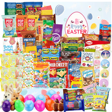 Easter Snack Box (112 Count) Filled with Candy, Snacks, Treats and Plush Easter Bunny, Great Package for Family, Friends, Kids, 