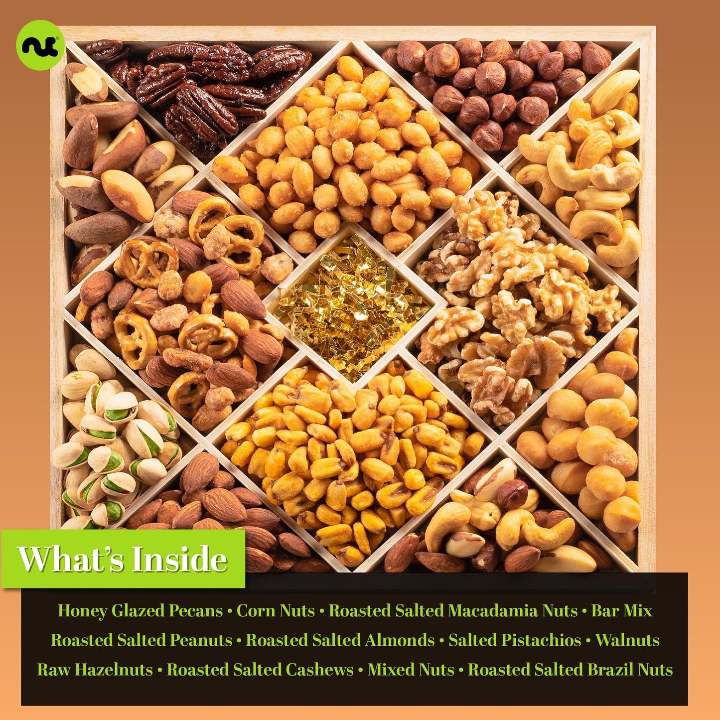 Nut Cravings Gourmet Collection - Diwali & Halloween Treats Mixed Nuts Gift Basket In Reusable Diamond Wooden Tray + Green Ribbo