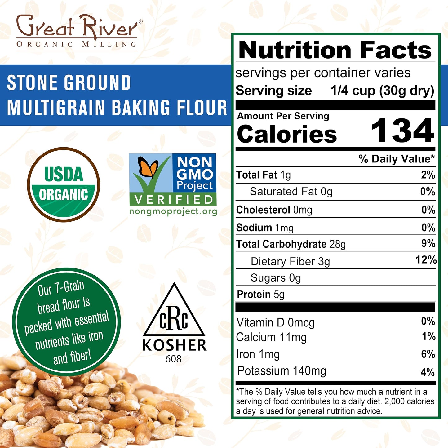 Great River Milling Organic 7 Grain Blend Bread Flour Unbromated & Unbleached Flour Non-GMO, Kosher Stone Ground Flour for Bakin