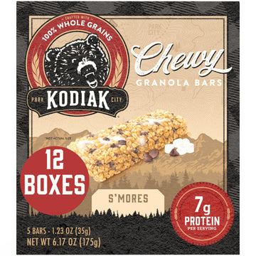 Kodiak Cakes Chewy Granola Snack Bars, S'Mores, High Protein, 100% Whole Grains, 12 Boxes With 5 Bars Each (60 Bars Total)