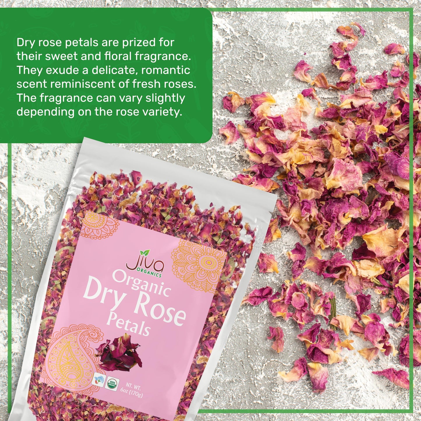 Jiva USDA Organic Dried Red Rose Petals 6 Oz (170g) Large Bag - Food Grade, Edible Flowers - Use in Tea, Baking, Making Rose Wat