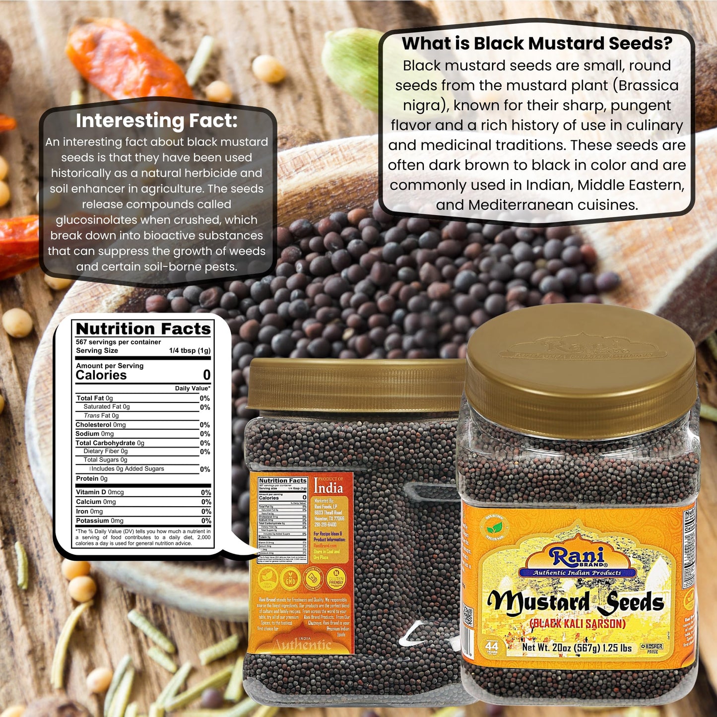 Rani Black Mustard Seeds Whole Spice (Kali Rai) 20Oz (1.25Lbs) 567G Pet Jar ~ All Natural | Gluten Friendly | Non-Gmo | Vegan |