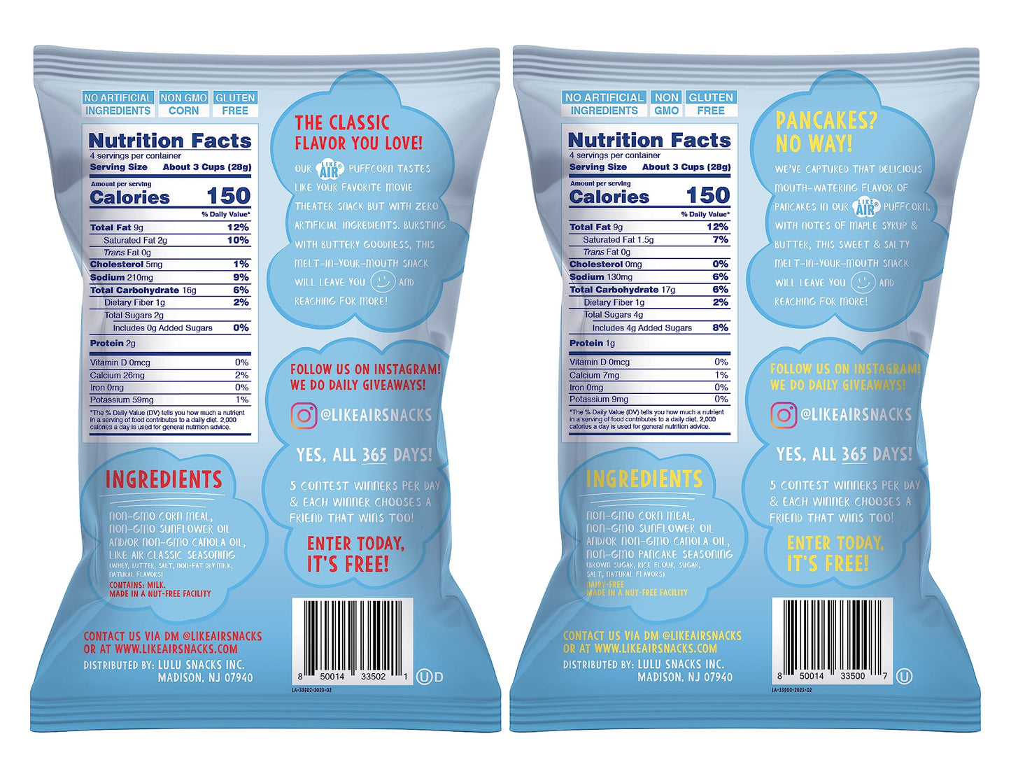 Like Air Puffcorn (Combo Pack: Classic & Pancake) | 2 4oz Bags | 50 Calories Per Cup | Gluten Free | Nothing Artificial