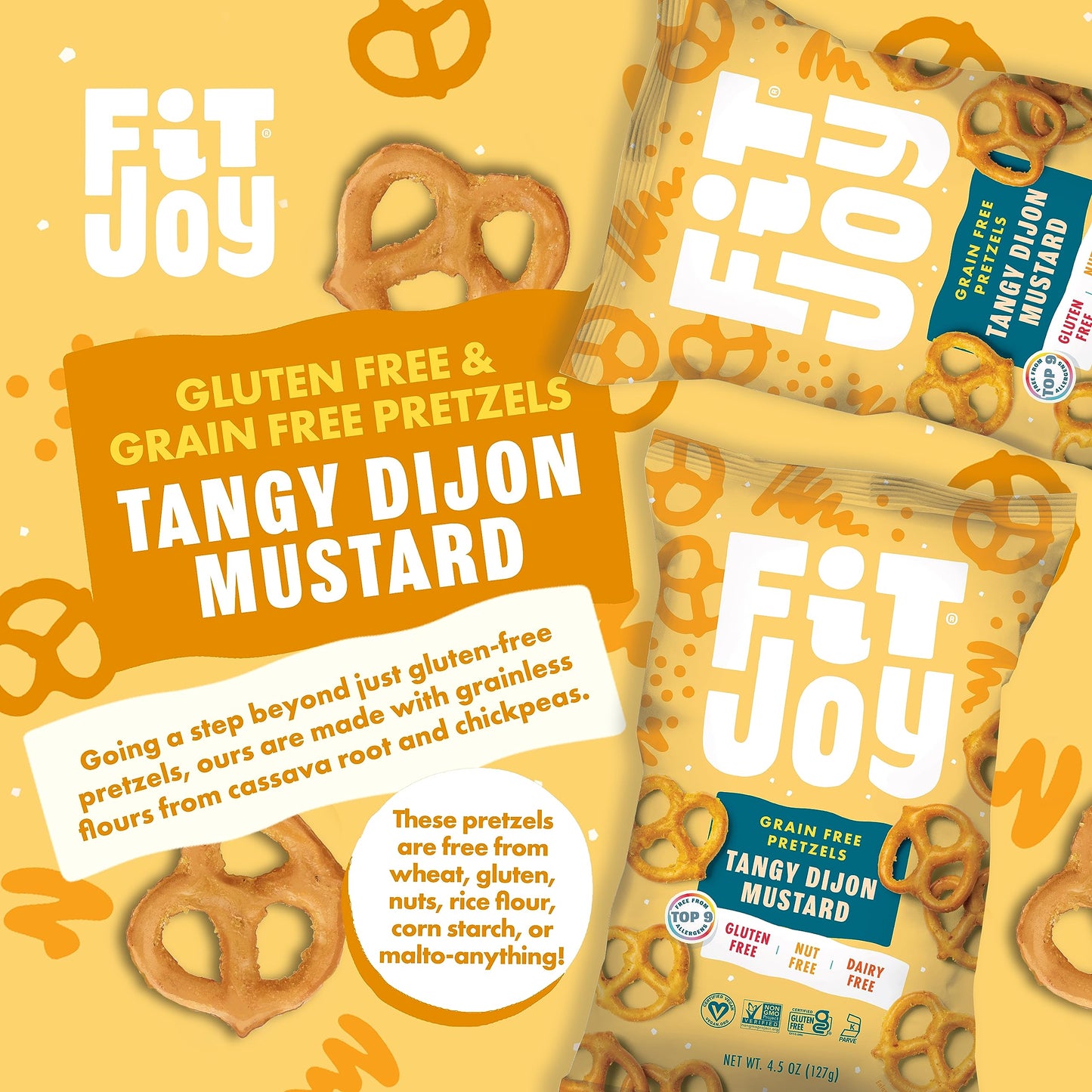 FitJoy Tangy Dijon Mustard Pretzels (Pack of 6, 4.5 Oz) - Dairy, Nut & Gluten Free Snacks - Grain Free Cassava Root & Chickpea F