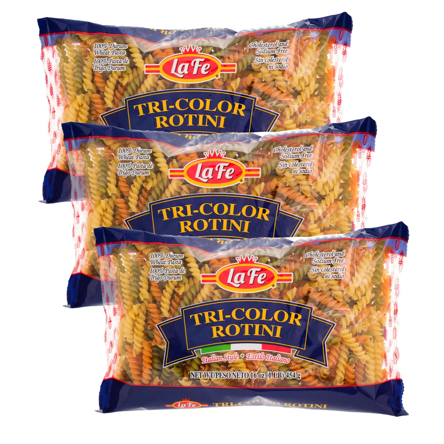 La Fe Tri-Color Rotini Pasta - Unenriched Semolina - 16oz (3 Pack) - Cholesterol & Sodium Free
