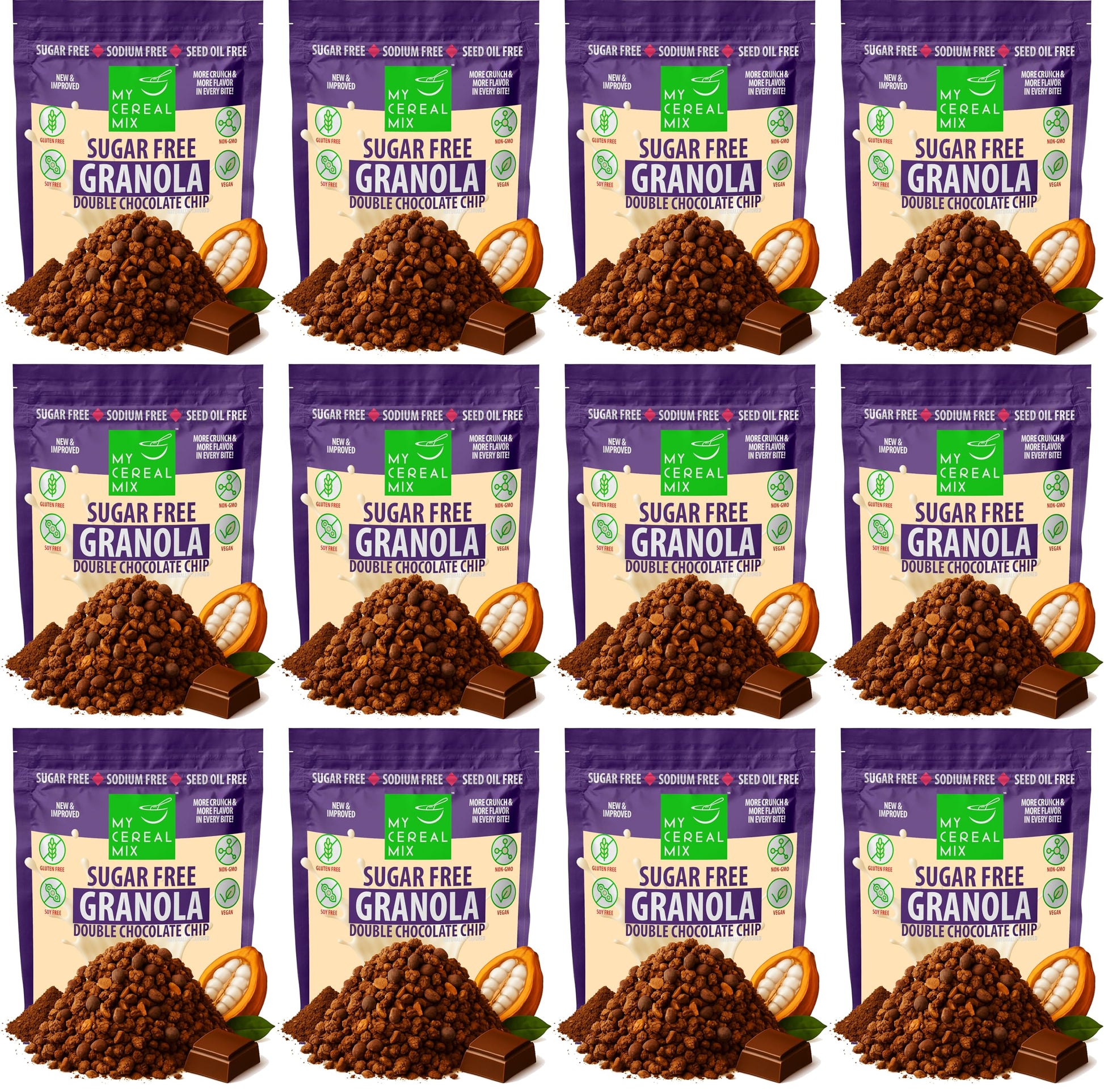 MyCerealMix Sugar Free Double Chocolate Chip Granola - 12 Pack (120oz Total) - Vegan, Gluten Free - Monk Fruit & Allulose Sweete